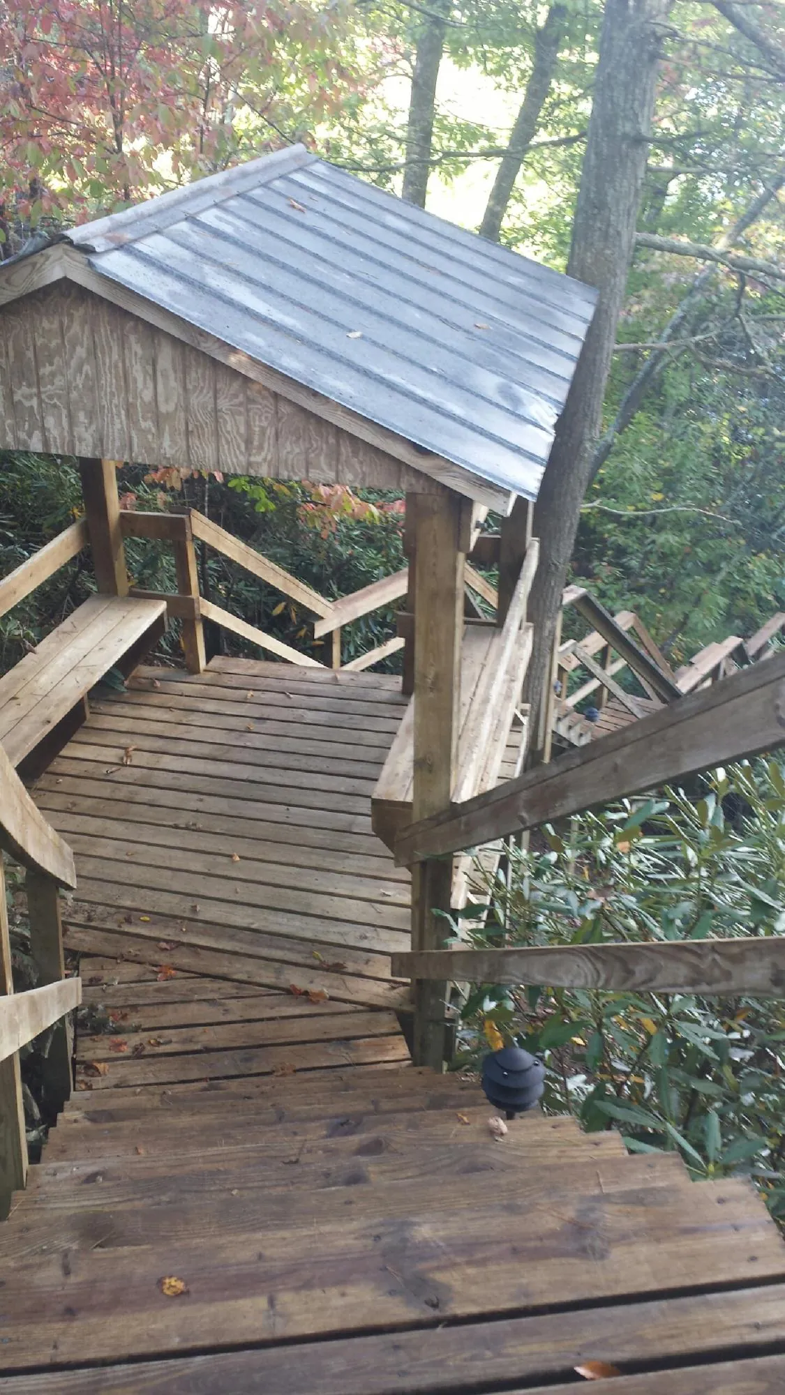 Metal roofed shelter over wooden steps on a wooded walkway — Skylight Repair & Installation work by our crew in Coldwater